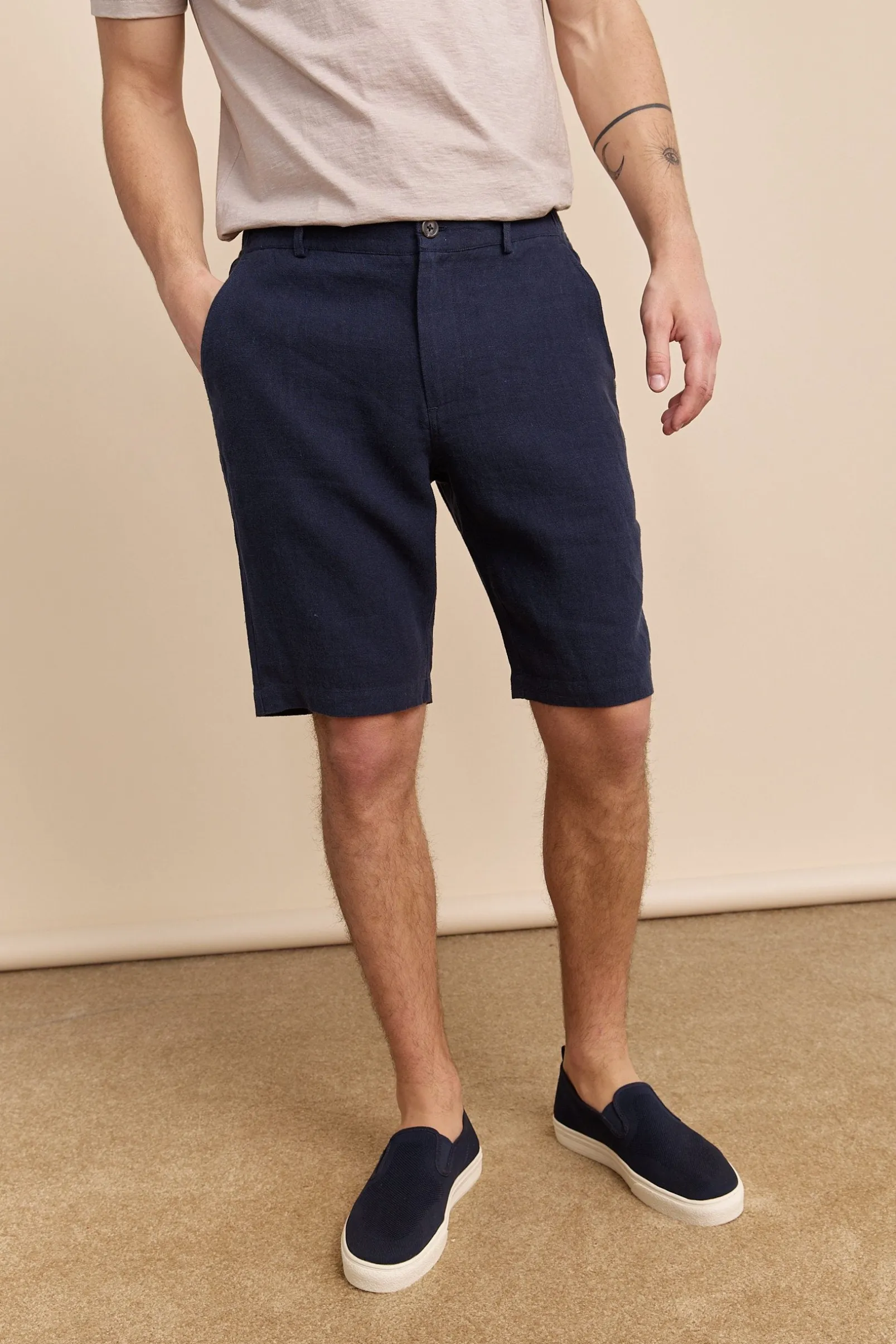 Elastic waistband linen bermuda
