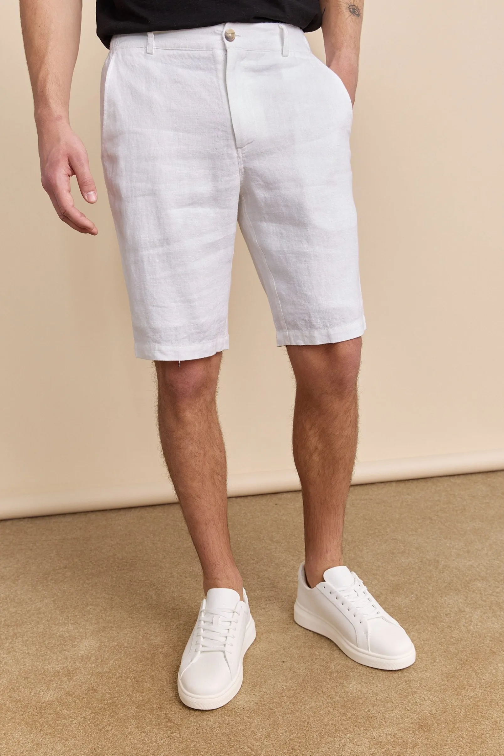 Elastic waistband linen bermuda