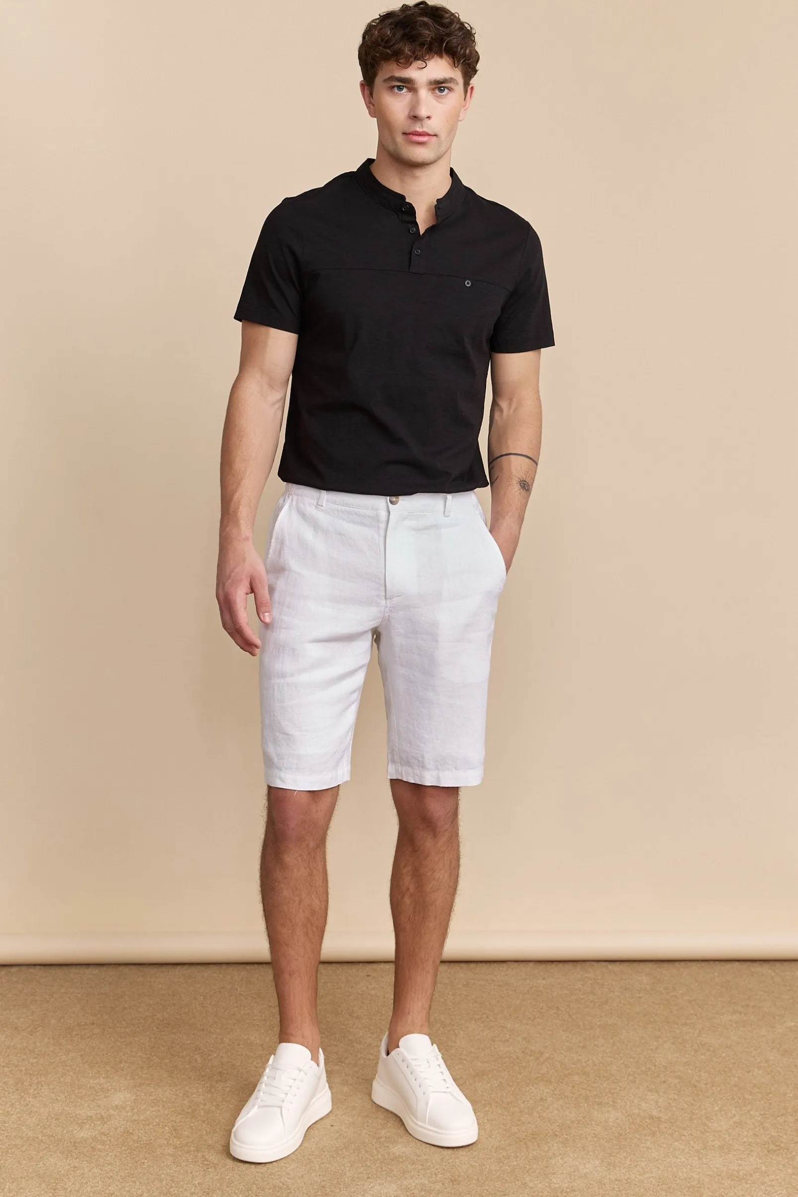 Elastic waistband linen bermuda