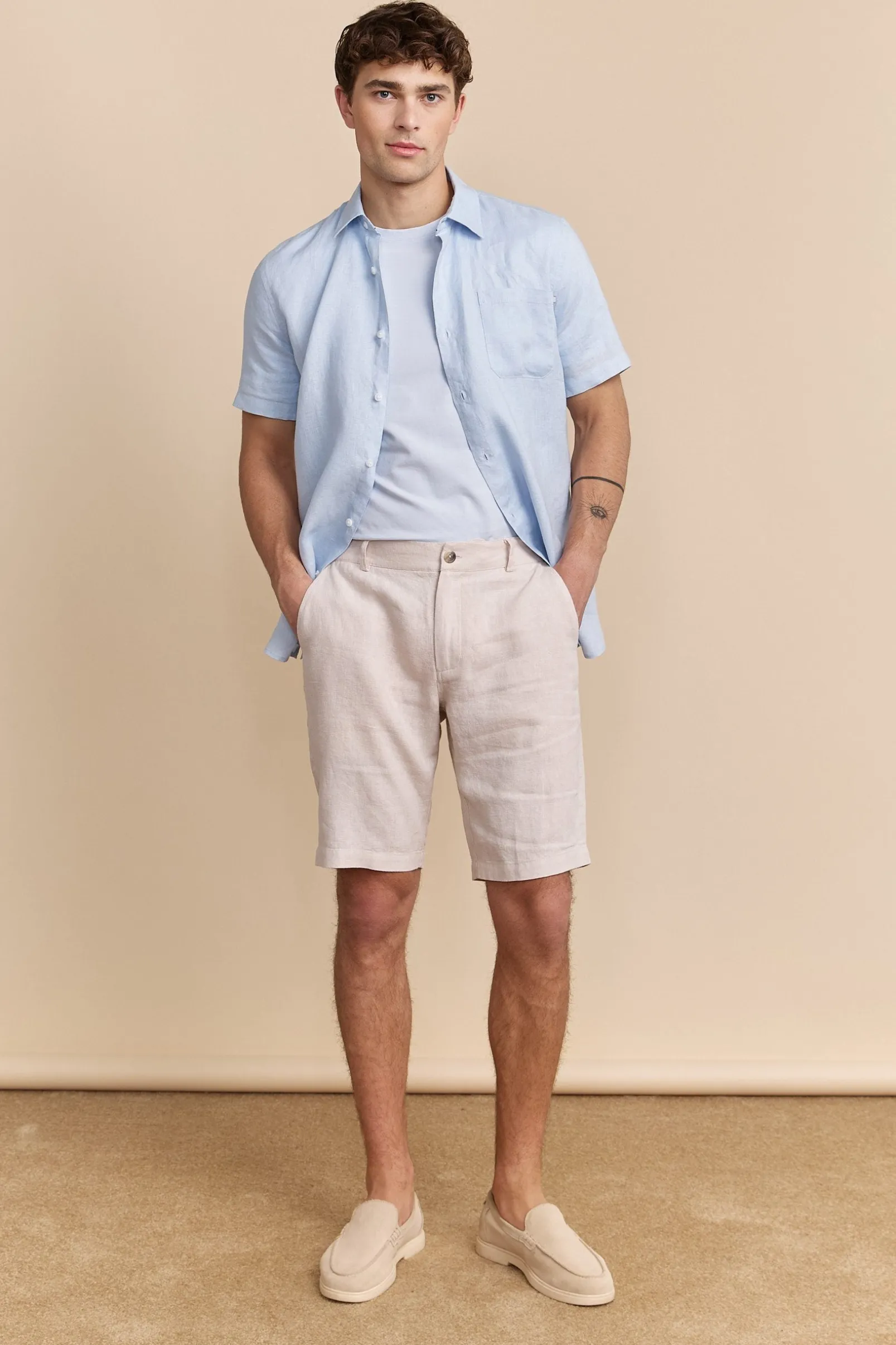 Elastic waistband linen bermuda
