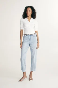 Henley knit top with puffy sleeve