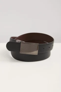 Plate buckle reversible leather belt