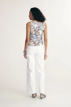 Printed top with side gathering