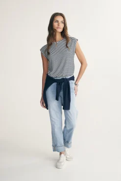 Rolled sleeve striped top