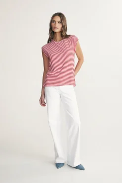 Rolled sleeve striped top