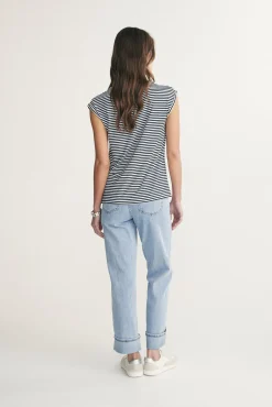 Rolled sleeve striped top