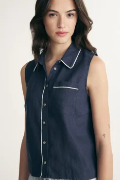 Sleeveless linen polo