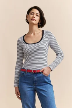 Stripped rib top with scoop neck