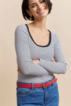 Stripped rib top with scoop neck