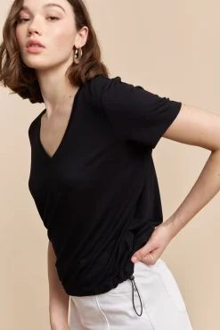 V-neck shirt with drawstring